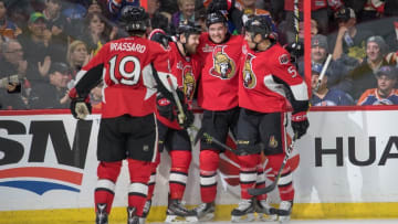 Jan 8, 2017; Ottawa, Ontario, CAN; THe Ottawa Senators celebrate a goal by right wing Mark Stone (61) in the second period against the Edmonton Oilers at the Canadian Tire Centre. Mandatory Credit: Marc DesRosiers-USA TODAY Sports