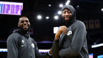SAN FRANCISCO, CALIFORNIA - OCTOBER 18: LeBron James #23 jokes with Anthony Davis #3 of the Los Angeles Lakers during their game against the Golden State Warriors at Chase Center on October 18, 2019 in San Francisco, California. NOTE TO USER: User expressly acknowledges and agrees that, by downloading and or using this photograph, User is consenting to the terms and conditions of the Getty Images License Agreement. (Photo by Ezra Shaw/Getty Images)