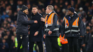 LONDON, ENGLAND - NOVEMBER 12: Mauricio Pochettino, manager of Chelsea, argues with referee Anthony Taylor resulting in a yellow card after the Premier League match between Chelsea FC and Manchester City at Stamford Bridge on November 12, 2023 in London, England. (Photo by James Gill - Danehouse/Getty Images)