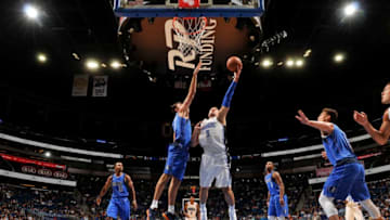 ORLANDO, FL - OCTOBER 5: Nikola Vucevic #9 of the Orlando Magic shoots the ball against the Dallas Mavericks during a preseason game on October 5, 2017 at Amway Center in Orlando, Florida. NOTE TO USER: User expressly acknowledges and agrees that, by downloading and or using this photograph, User is consenting to the terms and conditions of the Getty Images License Agreement. Mandatory Copyright Notice: Copyright 2017 NBAE (Photo by Fernando Medina/NBAE via Getty Images)