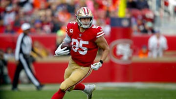 SANTA CLARA, CA - DECEMBER 9: George Kittle #85 of the San Francisco 49ers heads to the end zone on a 85-yard touchdown reception during the game against the Denver Broncos at Levi's Stadium on December 9, 2018 in Santa Clara, California. The 49ers defeated the Broncos 20-14. (Photo by Michael Zagaris/San Francisco 49ers/Getty Images)