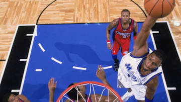 ORLANDO, FL - NOVEMBER 10: Tracy McGrady #1 of the Orlando Magic goes up for the dunk during the game against the Los Angeles Clippers at TD Waterhouse Centre on November 10, 2002 in Orlando, Florida. The Clippers defeated the Magic 120-117. NOTE TO USER: User expressly acknowledges and agrees that, by downloading and/or using this Photograph, User is consenting to the terms and conditions of the Getty Images License Agreement Mandatory Copyright Notice: Copyright 2002 NBAE (Photo by: Fernando Medina/NBAE/Getty Images)