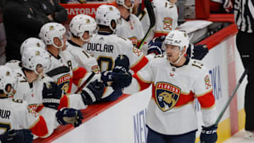 May 9, 2022; Washington, District of Columbia, USA; Florida Panthers center Sam Reinhart (13) celebrates with teammates after scoring the game-tying goal against the Washington Capitals in the third period in game four of the first round of the 2022 Stanley Cup Playoffs at Capital One Arena. Mandatory Credit: Geoff Burke-USA TODAY Sports