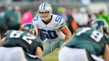 October 20, 2013; Philadelphia, PA, USA; Dallas Cowboys middle linebacker Sean Lee (50) during second half action against the Philadelphia Eagles at Lincoln Financial Field. Mandatory Credit: Jeffrey Pittenger-USA TODAY Sports