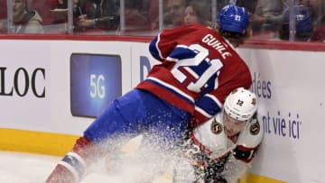 Oct 4, 2022; Montreal, Quebec, CAN; Montreal Canadiens defenseman Kaiden Guhle. Mandatory Credit: Eric Bolte-USA TODAY Sports