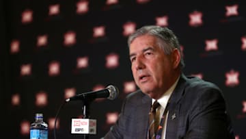 KANSAS CITY, MISSOURI - MARCH 12: Big Twelve Commissioner Bob Bowlsby speaks to the media to announce the cancellation of the tournnament prior to the Big 12 quarterfinal game at the Sprint Center on March 12, 2020 in Kansas City, Missouri. (Photo by Jamie Squire/Getty Images)
