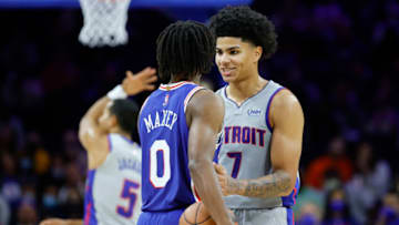 Killian Hayes #7 of the Detroit Pistons speaks to Tyrese Maxey #0 of the Philadelphia 76ers (Photo by Tim Nwachukwu/Getty Images)