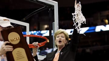 CLEVELAND - APRIL 03: Head coach Pat Summitt of the Tennessee Lady Volunteers celebrates after cutting down the net after Tennessee's 59-46 win against the Rutgers Scarlet Knights to win the 2007 NCAA Women's Basketball Championship Game at Quicken Loans Arena on April 3, 2007 in Cleveland, Ohio. (Photo by Jim McIsaac/Getty Images)
