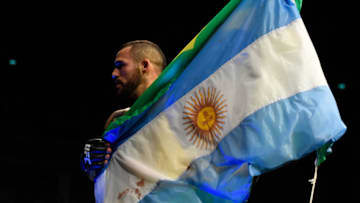 GLASGOW, SCOTLAND - JULY 16: Santiago Ponzinibbio of Argentina celebrates his victory over Gunnar Nelson of Iceland in their welterweight bout during the UFC Fight Night event at the SSE Hydro Arena Glasgow on July 16, 2017 in Glasgow, Scotland. (Photo by Josh Hedges/Zuffa LLC/Zuffa LLC via Getty Images)