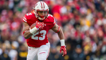 MADISON, WI - NOVEMBER 11: Wisconsin Badger running back Jonathan Taylor (23) runs towards the sideline durning an college football game between the Iowa Hawkeyes and the Wisconsin Badgers on November 11th, 2017 at Camp Randall Stadium in Madison, WI. (Photo by Dan Sanger/Icon Sportswire via Getty Images)