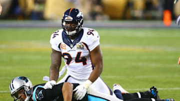 Feb 7, 2016; Santa Clara, CA, USA; Denver Broncos defensive end DeMarcus Ware (94) reacts after sacking Carolina Panthers quarterback Cam Newton (1) in Super Bowl 50 at Levi