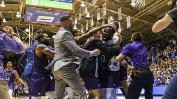 DURHAM, NC - NOVEMBER 26: Stephen F. Austin Lumberjacks celebrate their win against Duke during the 2nd half of the Duke Blue Devils game versus the Stephen F Austin Lumberjacks on November 26th, 2019 at Cameron Indoor Stadium in Durham, NC.(Photo by Jaylynn Nash/Icon Sportswire via Getty Images)