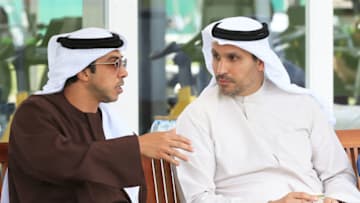 Manchester City Training, Abu Dhabi, H.H Sheikh Mansour speaks with Chairman of Manchester City Football Club Khaldoon Al Mubarak during their mid season training camp in Abu Dhabi (Photo by Victoria Haydn/Manchester City FC via Getty Images)