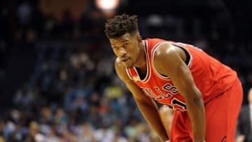 Nov 3, 2015; Charlotte, NC, USA; Chicago Bulls guard forward Jimmy Butler (21) during the first half of the game against the Charlotte Hornets at Time Warner Cable Arena. Mandatory Credit: Sam Sharpe-USA TODAY Sports