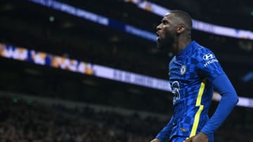 Chelsea's German defender Antonio Rudiger celebrates scoring his team's first goal during the second leg of the English League Cup semi final football match between Tottenham Hotspur and Chelsea at the Tottenham Hotspur Stadium, in London on January 12, 2022. - - RESTRICTED TO EDITORIAL USE. No use with unauthorized audio, video, data, fixture lists, club/league logos or 'live' services. Online in-match use limited to 120 images. An additional 40 images may be used in extra time. No video emulation. Social media in-match use limited to 120 images. An additional 40 images may be used in extra time. No use in betting publications, games or single club/league/player publications. (Photo by Glyn KIRK / IKIMAGES / AFP) / RESTRICTED TO EDITORIAL USE. No use with unauthorized audio, video, data, fixture lists, club/league logos or 'live' services. Online in-match use limited to 120 images. An additional 40 images may be used in extra time. No video emulation. Social media in-match use limited to 120 images. An additional 40 images may be used in extra time. No use in betting publications, games or single club/league/player publications. / RESTRICTED TO EDITORIAL USE. No use with unauthorized audio, video, data, fixture lists, club/league logos or 'live' services. Online in-match use limited to 120 images. An additional 40 images may be used in extra time. No video emulation. Social media in-match use limited to 120 images. An additional 40 images may be used in extra time. No use in betting publications, games or single club/league/player publications. (Photo by GLYN KIRK/IKIMAGES/AFP via Getty Images)
