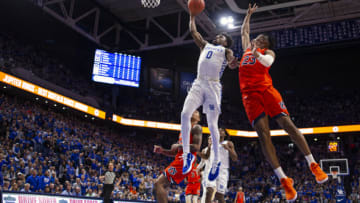 LEXINGTON, KY - FEBRUARY 29: Ashton Hagans #0 of the Kentucky Wildcats shoots the ball against Isaac Okoro #23 of the Auburn Tigers during the game at Rupp Arena on February 29, 2020 in Lexington, Kentucky. (Photo by Michael Hickey/Getty Images)