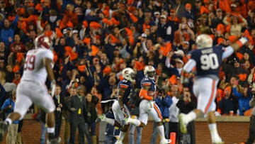 Nov 30, 2013; Auburn, AL, USA; Auburn Tigers cornerback Chris Davis (11) returns a missed field goal 109 yards with no time left in the game against the Alabama Crimson Tide at Jordan Hare Stadium. Auburn defeated Alabama 34-28. Mandatory Credit: RVR Photos-USA TODAY Sports