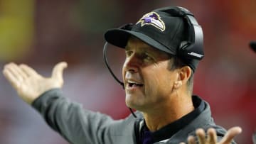 Sep 3, 2015; Atlanta, GA, USA; Baltimore Ravens head coach John Harbaugh coaches against the Atlanta Falcons in the third quarter at the Georgia Dome. The Ravens defeated the Falcons 20-19. Mandatory Credit: Brett Davis-USA TODAY Sports
