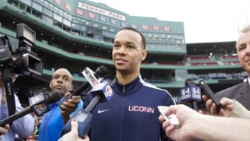 2013 NCAA Mens Basketball MVP Connecticut Huskies guard Shabazz Napier talks to the media prior to the game against the Boston Red Sox and the New York Yankees at Fenway Park. Mandatory Credit: David Butler II-USA TODAY Sports