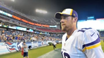 Aug 28, 2014; Nashville, TN, USA; Minnesota Vikings quarterback Matt Cassel (16) walks off the field after defeating the Tennessee Titans 19-3 at LP Field. Mandatory Credit: Jim Brown-USA TODAY Sports