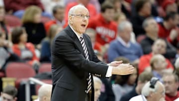 LOUISVILLE, KY - FEBRUARY 26: Jim Boeheim the head coach of the Syracuse Orange gives instructions to his team against the Louisville Cardinals at KFC YUM! Center on February 26, 2017 in Louisville, Kentucky. (Photo by Andy Lyons/Getty Images)