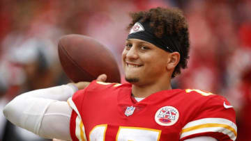 KANSAS CITY, MO - OCTOBER 7: Quarterback Patrick Mahomes #15 of the Kansas City Chiefs smiles as he warmed up in the fourth quarter in the game against the Jacksonville Jaguars in Kansas City, Missouri. The Chiefs won, 30-14. (Photo by David Eulitt/Getty Images)