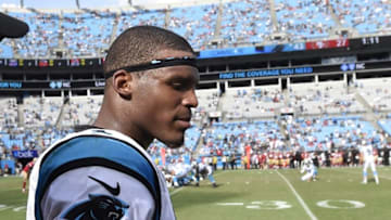 Sep 18, 2016; Charlotte, NC, USA; Carolina Panthers quarterback Cam Newton (1) on the sidelines in the fourth quarter. The Panthers defeated the 49ers 46-27 at Bank of America Stadium. Mandatory Credit: Bob Donnan-USA TODAY Sports