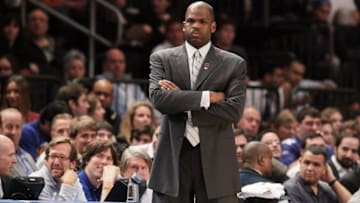 NEW YORK, NY - MARCH 14: (NEW YORK DAILIES OUT) Head coach Nate McMillan of the Portland Trail Blazers looks on against the New York Knicks on March 14, 2012 at Madison Square Garden in New York City. The Knicks defeated the Blazers 121-79. NOTE TO USER: User expressly acknowledges and agrees that, by downloading and/or using this Photograph, user is consenting to the terms and conditions of the Getty Images License Agreement. (Photo by Jim McIsaac/Getty Images)
