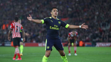 SOUTHAMPTON, ENGLAND - MAY 10: Alexis Sanchez of Arsenal celebrates scoring the opening goal during the Premier League match between Southampton and Arsenal at St Mary's Stadium on May 10, 2017 in Southampton, England. (Photo by Michael Steele/Getty Images)