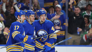 Mar 9, 2023; Buffalo, New York, USA; Buffalo Sabres right wing Kyle Okposo (21) celebrates his goal with teammates during the second period against the Dallas Stars at KeyBank Center. Mandatory Credit: Timothy T. Ludwig-USA TODAY Sports