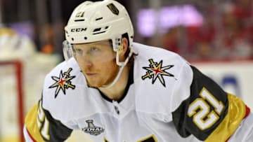 WASHINGTON, DC - JUNE 04: Cody Eakin #21 of the Vegas Golden Knights lines up for a face-off during the second period against the Washington Capitals in Game Four of the Stanley Cup Final during the 2018 NHL Stanley Cup Playoffs at Capital One Arena on June 4, 2018 in Washington, DC. (Photo by Jeff Bottari/NHLI via Getty Images)