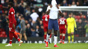 LIVERPOOL, ENGLAND - MARCH 31: Moussa Sissoko of Tottenham Hotspur reacts during the Premier League match between Liverpool FC and Tottenham Hotspur at Anfield on March 31, 2019 in Liverpool, United Kingdom. (Photo by Clive Brunskill/Getty Images)