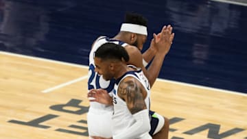 D'Angelo Russell and Josh Okogie of the Minnesota Timberwolves celebrate. (Photo by David Berding/Getty Images)