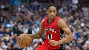 Feb 24, 2015; Dallas, TX, USA; Toronto Raptors guard DeMar DeRozan (10) drives to the basket during the second half against the Dallas Mavericks at the American Airlines Center. The Mavericks defeated the Raptors 99-92. Mandatory Credit: Jerome Miron-USA TODAY Sports