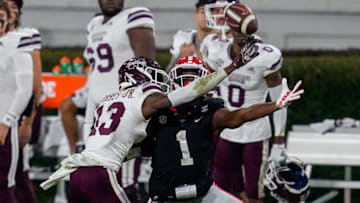 Nov 21, 2020; Athens, Georgia, USA; Mississippi State Bulldogs cornerback Emmanuel Forbes (13) defends against a pass thrown to Georgia Bulldogs wide receiver George Pickens (1) during the second half at Sanford Stadium. Mandatory Credit: Dale Zanine-USA TODAY Sports