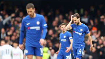 LONDON, ENGLAND - APRIL 01: Cesc Fabregas of Chelsea looks dejected during the Premier League match between Chelsea and Tottenham Hotspur at Stamford Bridge on April 1, 2018 in London, England. (Photo by Catherine Ivill/Getty Images)