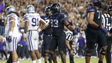 Oct 22, 2022; Fort Worth, Texas, USA; TCU Horned Frogs running back Kendre Miller (33) reacts after scoring a touchdown against the Kansas State Wildcats in the third quarter at Amon G. Carter Stadium. Mandatory Credit: Tim Heitman-USA TODAY Sports