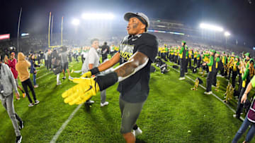 PASADENA, CALIFORNIA - JANUARY 01: Jevon Holland #8 of the Oregon Ducks celebrates after the game against the against the Wisconsin Badgers at the Rose Bowl on January 01, 2020 in Pasadena, California. The Oregon Ducks topped the Wisconsin Badgers, 28-27. (Photo by Alika Jenner/Getty Images)