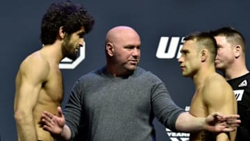 BROOKLYN, NEW YORK - APRIL 06: (L-R) Zabit Magomedsharipov of Russia and Kyle Bochniak face off during the UFC 223 weigh-in inside Barclays Center on April 6, 2018 in Brooklyn, New York. (Photo by Jeff Bottari/Zuffa LLC/Zuffa LLC via Getty Images)