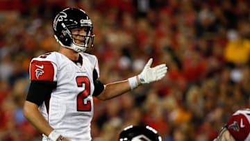 Nov 3, 2016; Tampa, FL, USA; Atlanta Falcons quarterback Matt Ryan (2) calls a play against the Tampa Bay Buccaneers during the first half at Raymond James Stadium. Mandatory Credit: Kim Klement-USA TODAY Sports