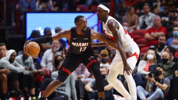 Bam Adebayo #13 of the Miami Heat drives to the basket against Pascal Siakam #43 of the Toronto Raptors(Photo by Michael Reaves/Getty Images)