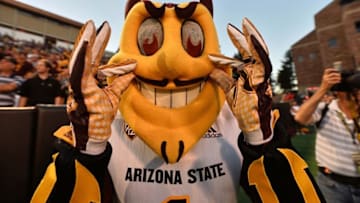 Oct 15, 2016; Boulder, CO, USA; Arizona State Sun Devils mascot Sparky poses for a photo during the first half against the Colorado Buffaloes at Folsom Field. Mandatory Credit: Ron Chenoy-USA TODAY Sports