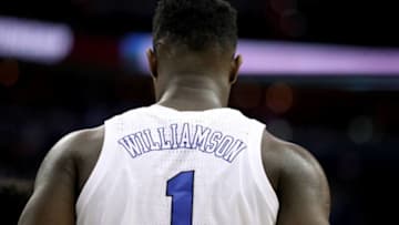 WASHINGTON, DC - MARCH 29: Zion Williamson #1 of the Duke Blue Devils looks on against the Virginia Tech Hokies during the first half in the East Regional game of the 2019 NCAA Men's Basketball Tournament at Capital One Arena on March 29, 2019 in Washington, DC. (Photo by Patrick Smith/Getty Images)