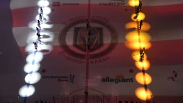 LAS VEGAS, NV - JANUARY 08: Vegas Golden Knights and New York Rangers players stand at attention during the national anthem prior to their game at T-Mobile Arena on January 8, 2019 in Las Vegas, Nevada. (Photo by Jeff Bottari/NHLI via Getty Images)