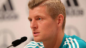 MOSCOW, RUSSIA - JUNE 14: Toni Kroos of Germany speaks to the media during a press conference during the Germany training session ahead of the 2018 FIFA World Cup at CSKA Sports Base Vatatinki on June 14, 2018 in Moscow, Russia. (Photo by Alexander Hassenstein/Getty Images)