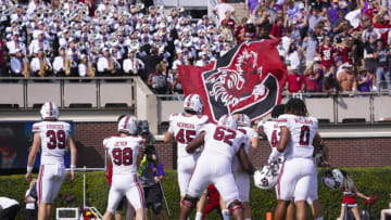 Sep 11, 2021; Greenville, North Carolina, USA; South Carolina Gamecocks place kicker Parker White (43) celebrates his game winning field goal in the forth quarter against the East Carolina Pirates at Dowdy-Ficklen Stadium. Mandatory Credit: James Guillory-USA TODAY Sports
