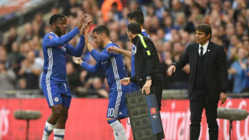 LONDON, ENGLAND - APRIL 22: Eden Hazard of Chelsea replaces Michy Batshuayi of Chelsea during The Emirates FA Cup Semi-Final between Chelsea and Tottenham Hotspur at Wembley Stadium on April 22, 2017 in London, England. (Photo by Laurence Griffiths/Getty Images)
