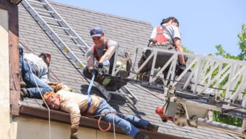 CHICAGO FIRE -- "Hold on Tight" Episode 1101 -- Pictured: (l-r) James LeJune as Roofer, Alberto Rosende as Blake Gallo, Miranda Rae Mayo as Stella Kidd -- (Photo by: Adrian S Burrows Sr/NBC)