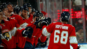 SUNRISE, FL - JANUARY 18: Mike Hoffman #68 of the Florida Panthers celebrates his goal with teammates during the first period against the Toronto Maple Leafs at the BB&T Center on January 18, 2019 in Sunrise, Florida. (Photo by Eliot J. Schechter/NHLI via Getty Images)