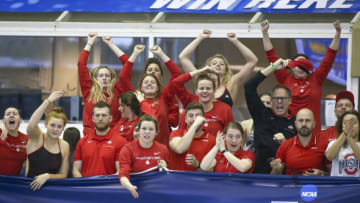 Mar 18, 2022; Atlanta, Georgia, USA; Ohio State Buckeyes swim team cheers at the NCAA Swimming & Diving Championships at Georgia Tech. Mandatory Credit: Brett Davis-USA TODAY Sports